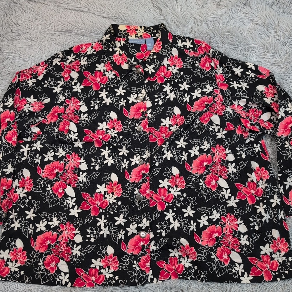 Liz & Me Jacket Womens 4X Black Floral Career Button Up Beaded‎ Comfort Preppy